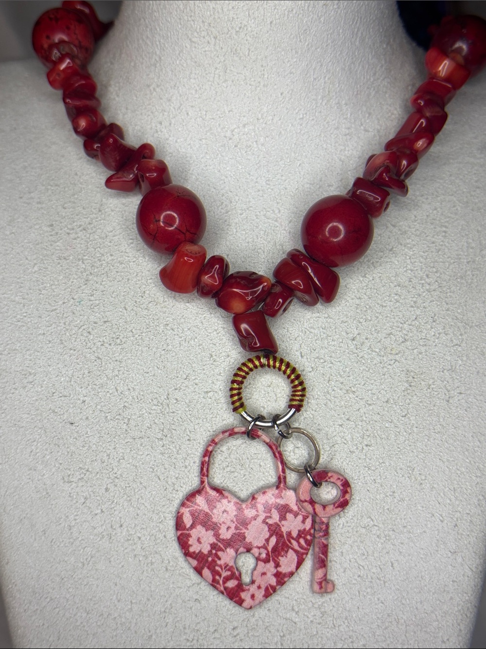 Bamboo Coral Red and Pink heart lock statement necklace